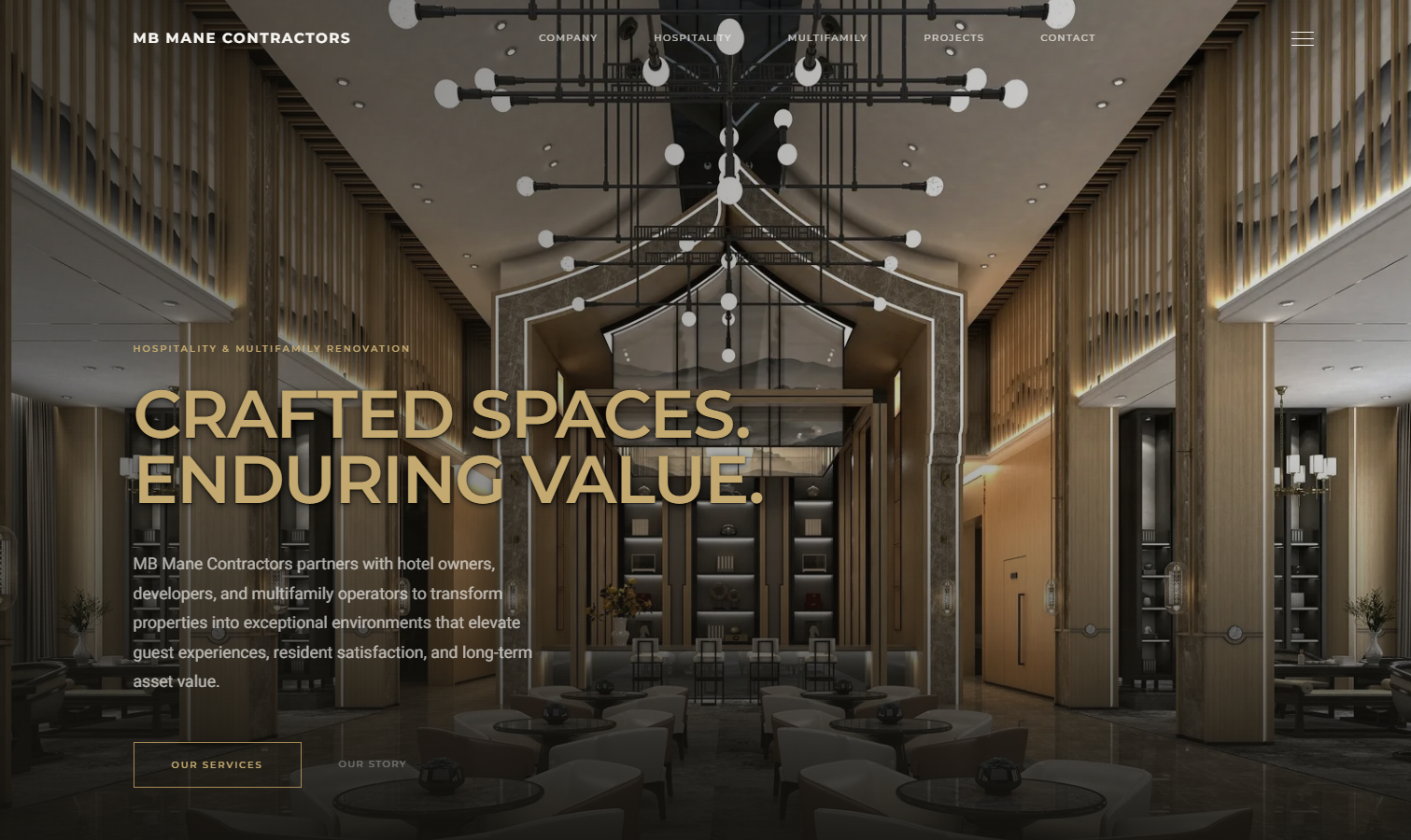 MB Mane Contractors redesigned website with a dark hotel lobby hero and gold headline